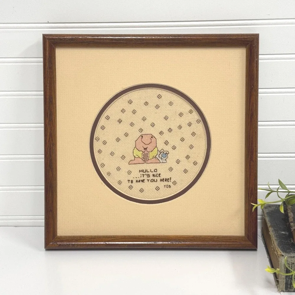 Vintage framed Ziggy Cross-stitch Welcome sign
